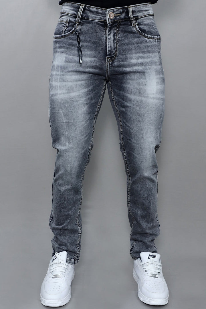 Men's premium slim fit grey washed stretch denim jeans E19 front view