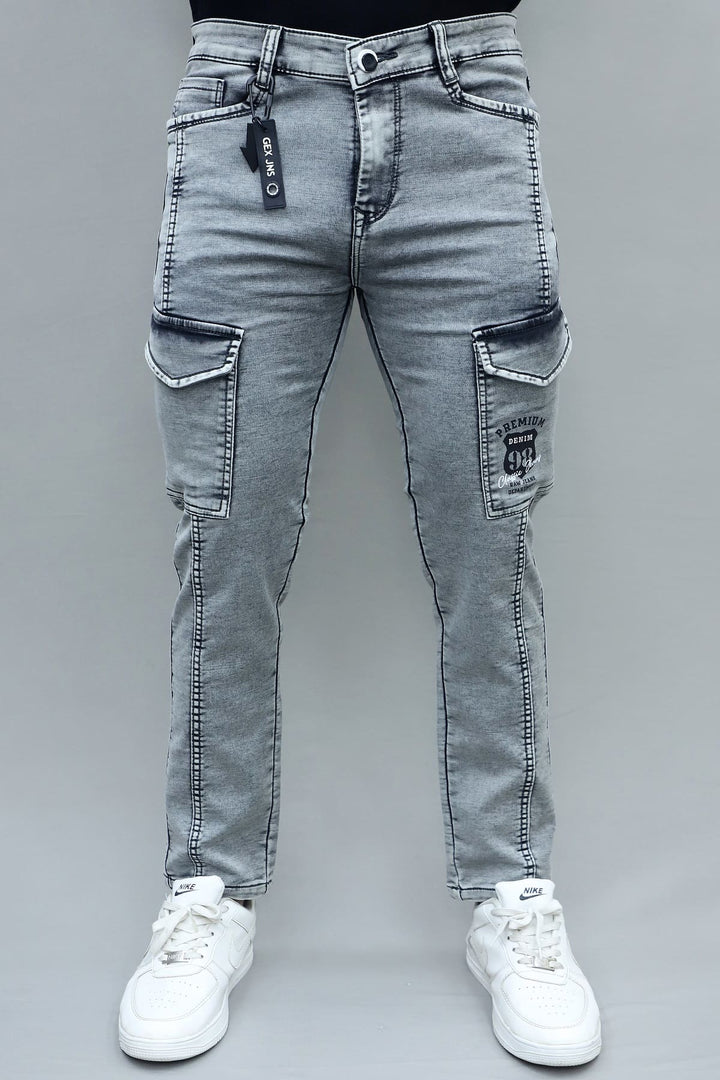 Men's slim fit light grey stretchable 6 pocket cargo jeans E-15 fron
