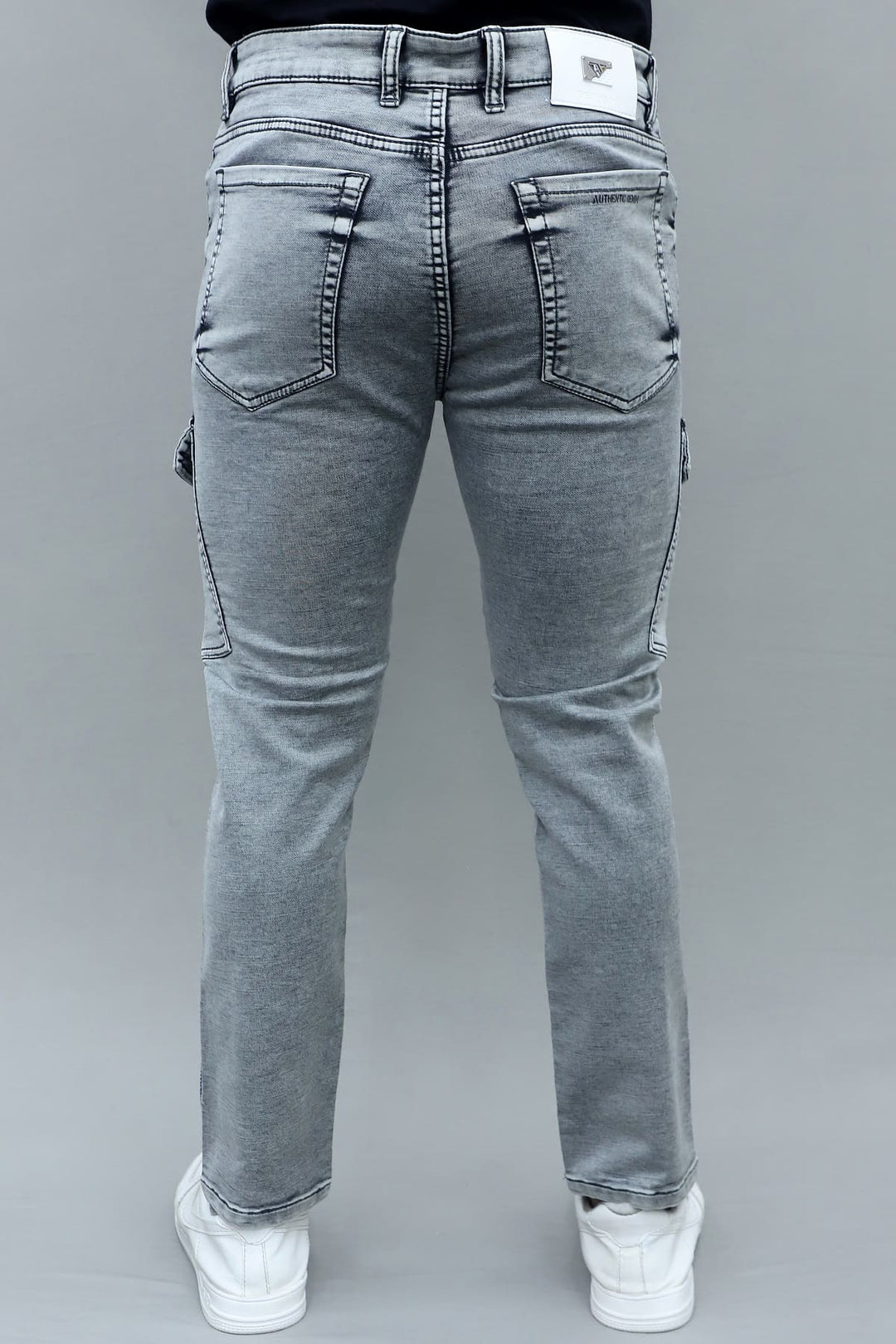 Side of men's slim fit light grey stretchable 6 pocket cargo jeans E-15