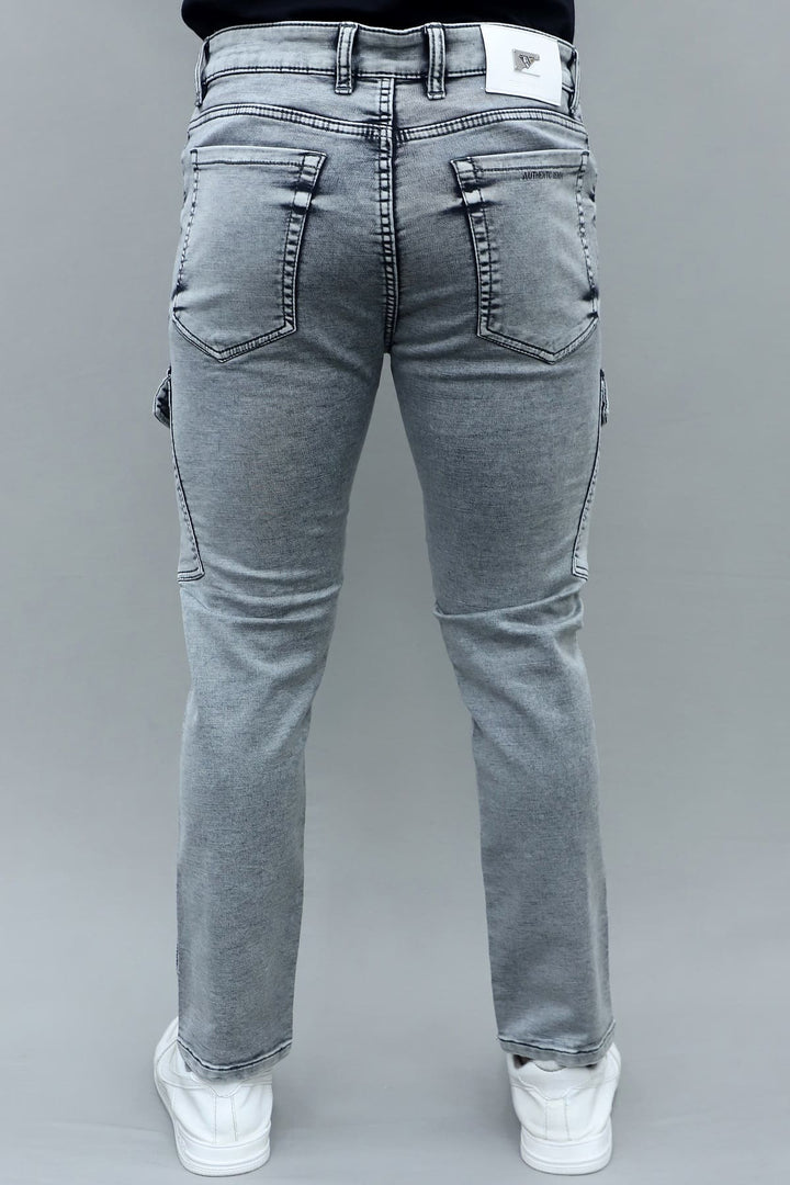 Side of men's slim fit light grey stretchable 6 pocket cargo jeans E-15