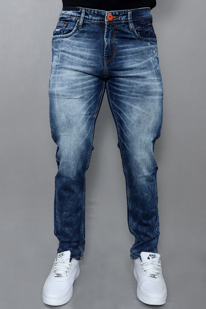 Regular fit blue jeans for men mid rise comfort Plain Blue front view with classic straight fit design