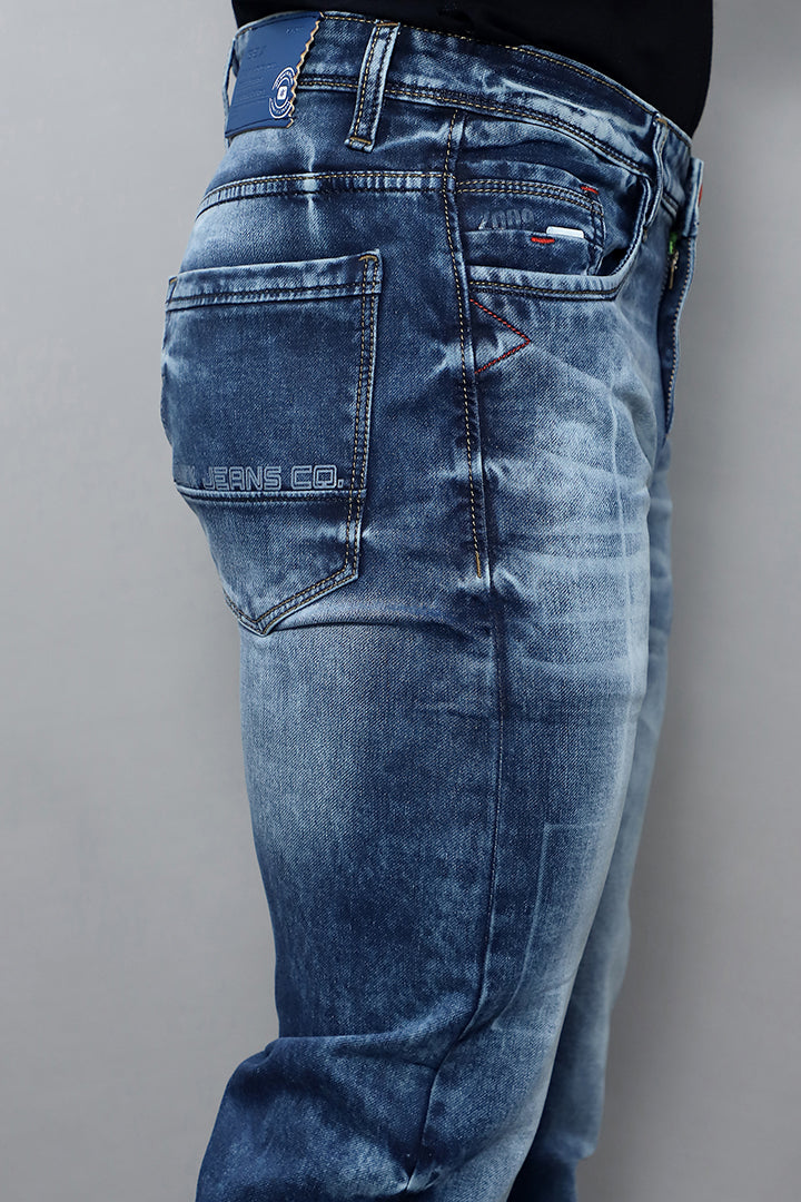 Regular fit blue jeans for men mid rise comfort article no GEX plain blue side view with everyday casual style