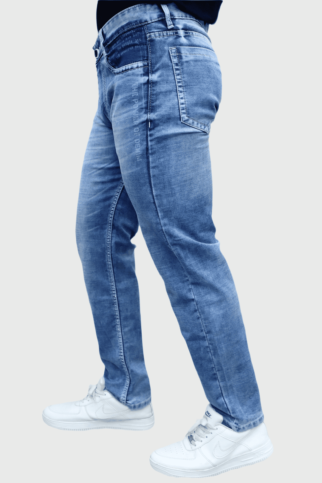 Full length view of slim fit premium blue washed stretchable denim jeans for men E-16