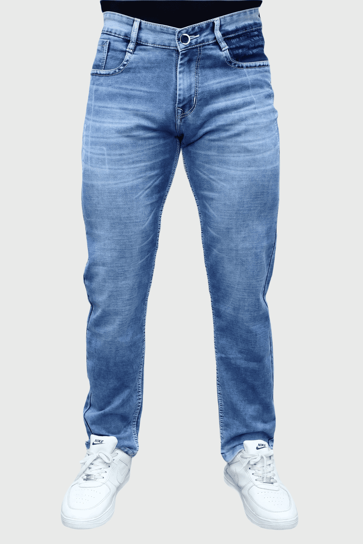 Slim fit premium blue washed stretchable denim jeans for men E-16 front