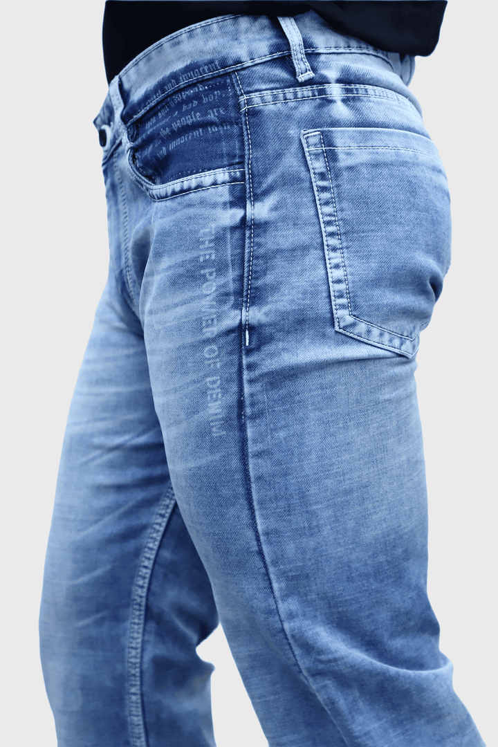 Side view of slim fit premium blue washed stretchable denim jeans for men E-16