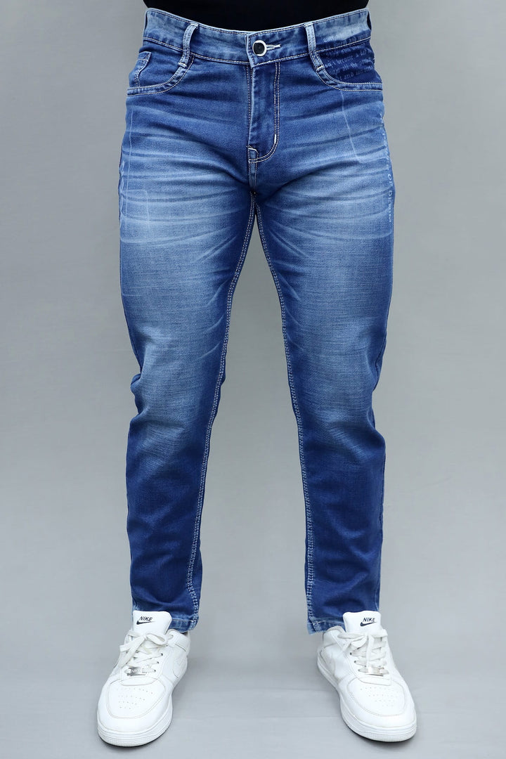 Slim fit premium dark blue washed stretchable denim jeans for men E-16 front